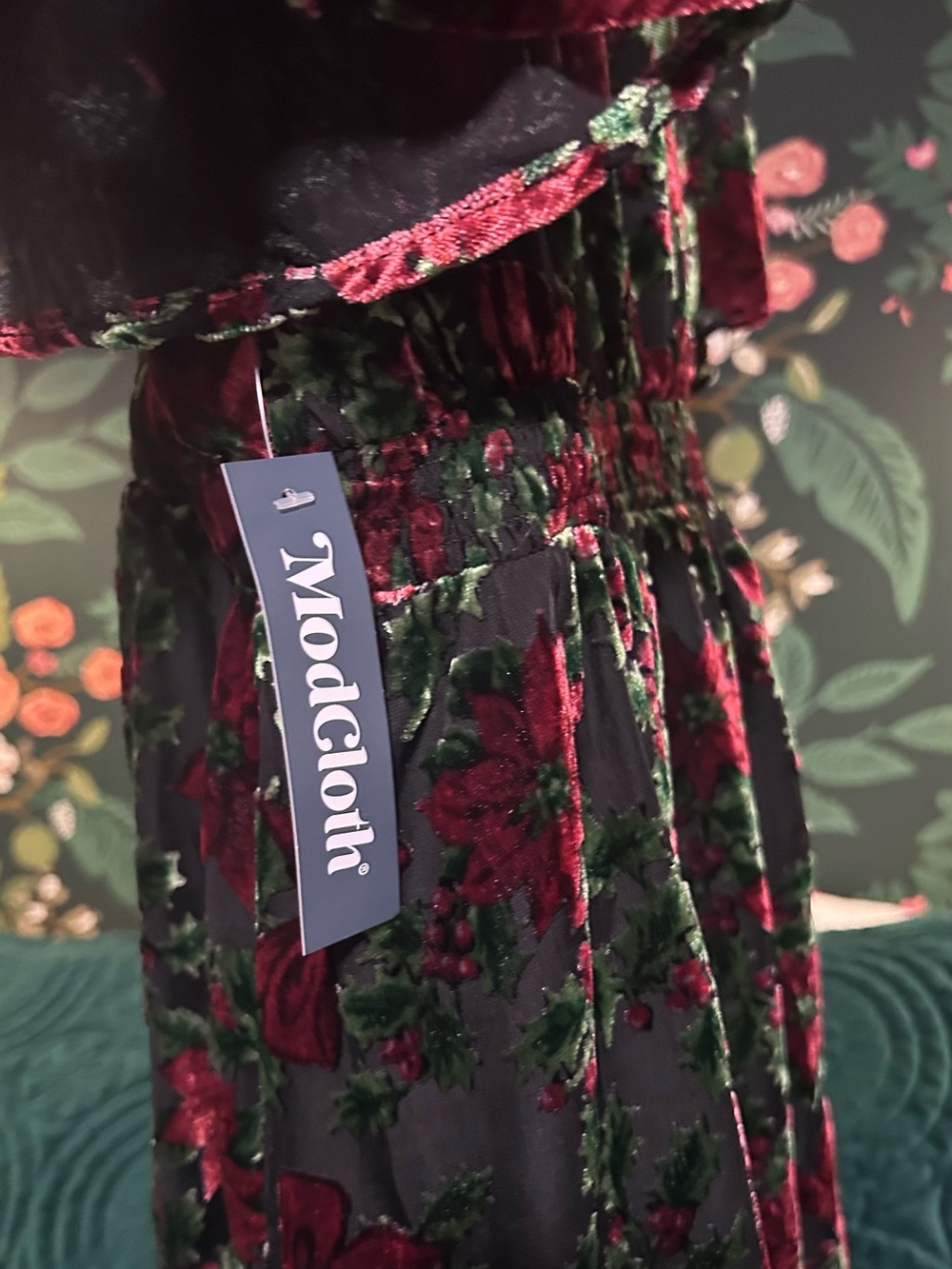 ModCloth Black Midi Dress with Red Floral Pattern - Picture 3 of 12